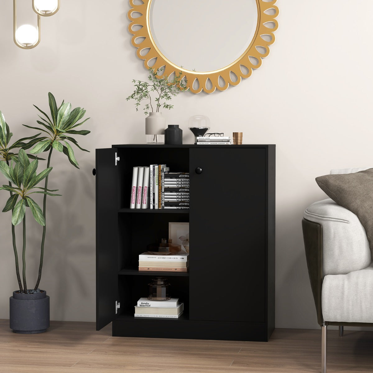2-Door Freestanding Storage Cabinet with 3-Tier Shelf, Independent Side Cabinet with Anti-Tip Device, Black