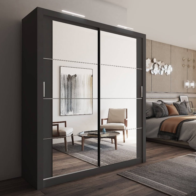 Modern bedroom with a sliding wardrobe and stylish decor