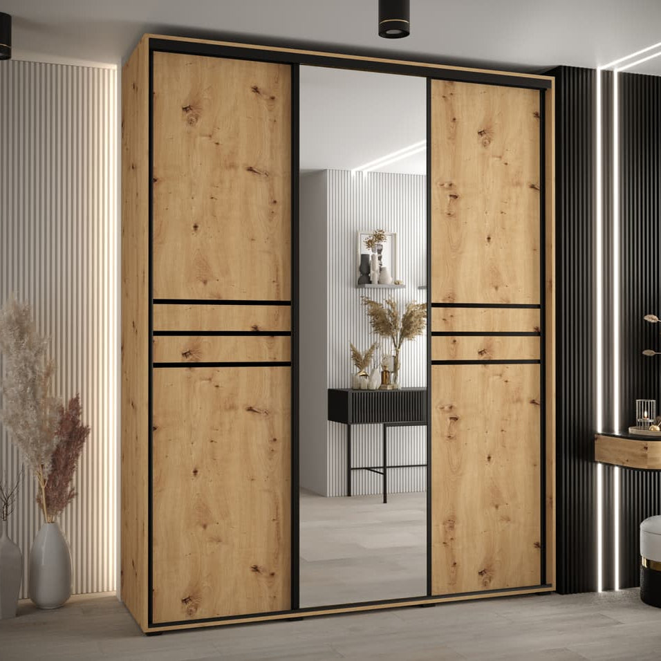 Wooden wardrobe with sliding doors in a modern room setting