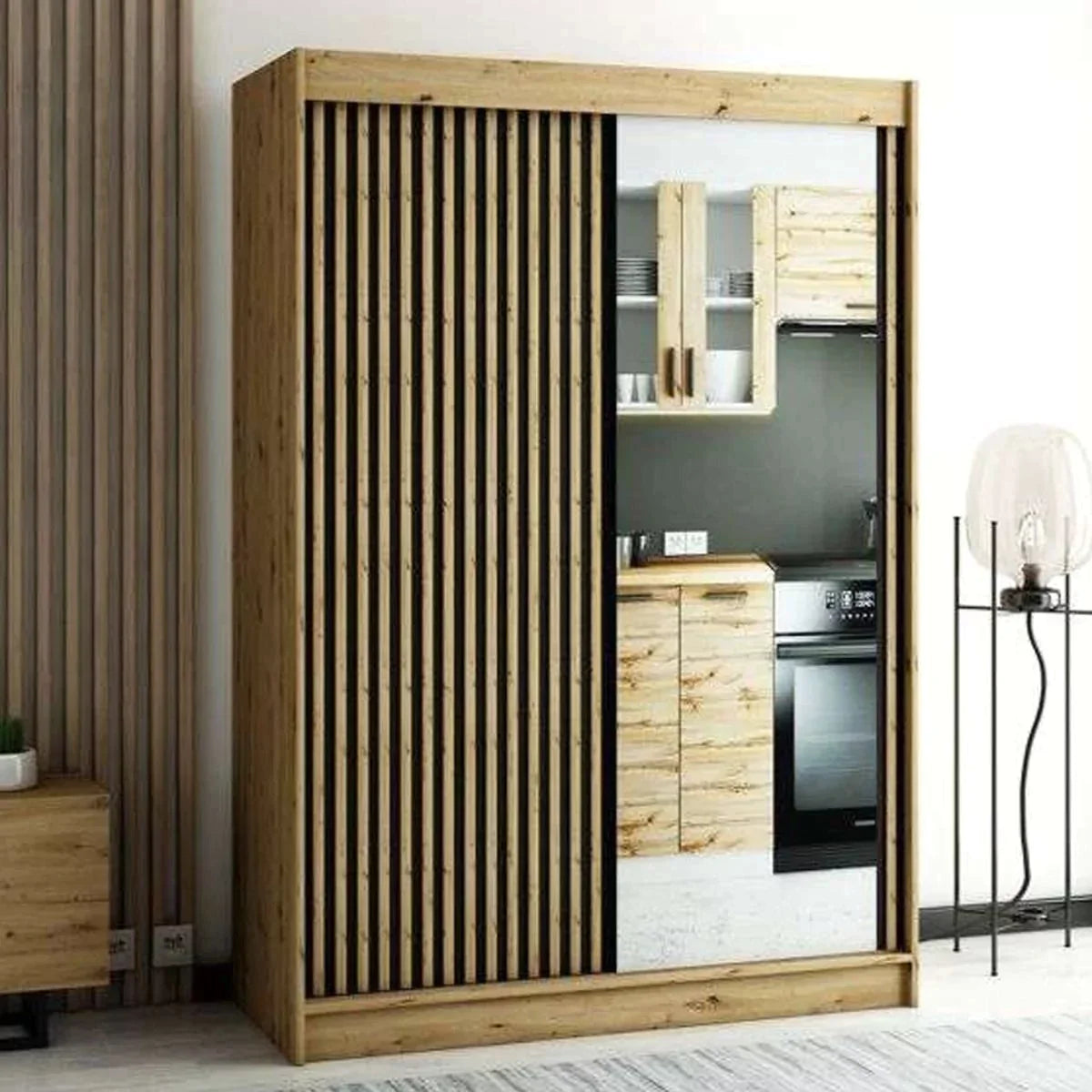 Gloucester II 150cm Sliding Door Wardrobe with Mirror - Artisan Oak, Black, White