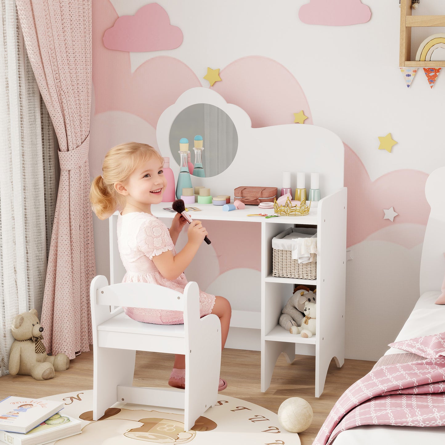 AIYAPLAY Kids Dressing Table with Mirror, Stool, Kids Vanity Table with Shelves, for Ages 3-8 Years, White