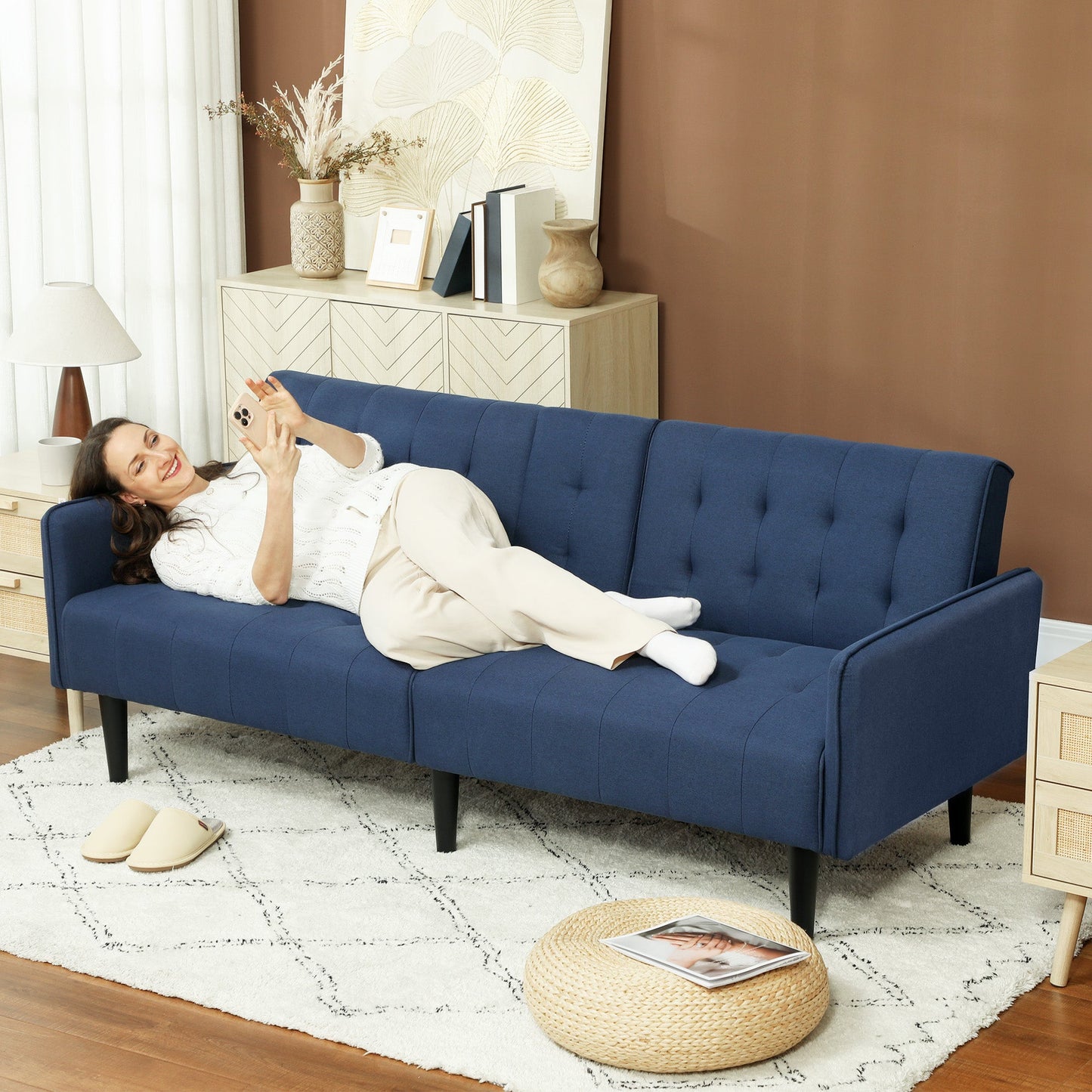 HOMCOM Three-Seater Sofa Bed, with Cupholders - Dark Blue