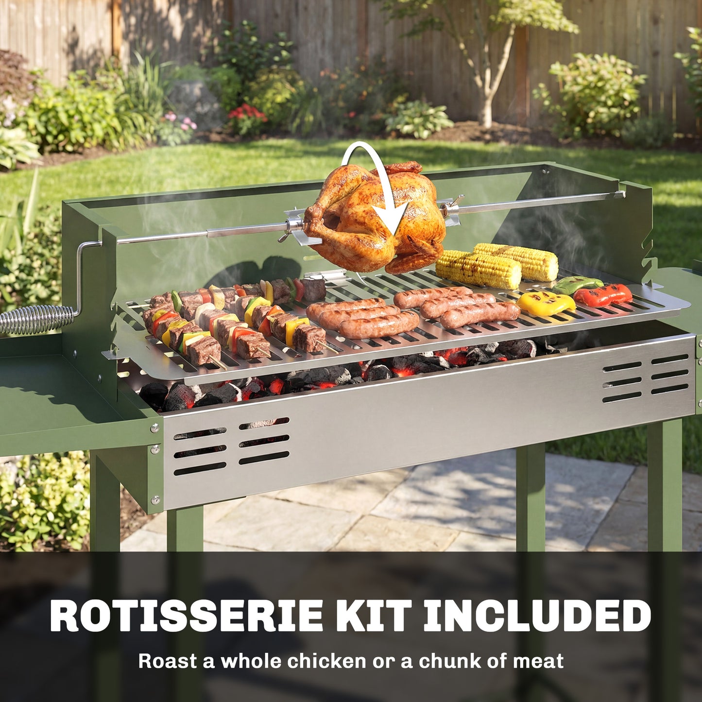 Outsunny BBQ Rotisserie Grill Roaster Charcoal Spit Roasting Machine for Chicken Turkey with 3-Level Grill Grate, Side Shelves, Dark Green