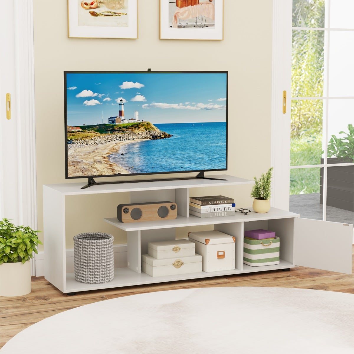 3-Tier Asymmetrical Media Console Table with Storage Shelves and Cabinet-White