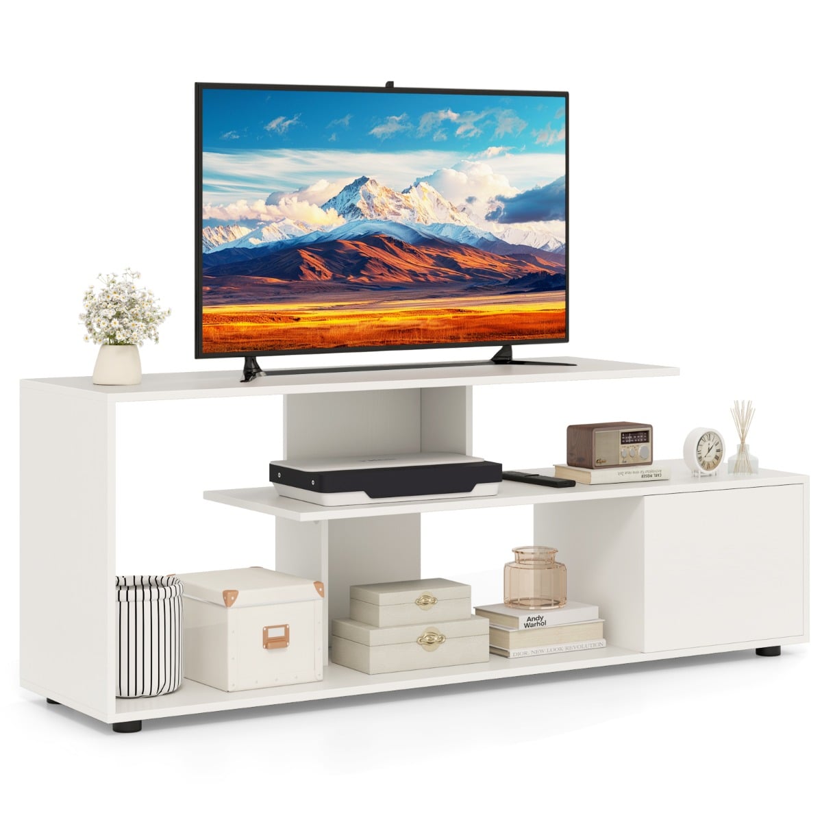 3-Tier Asymmetrical Media Console Table with Storage Shelves and Cabinet-White