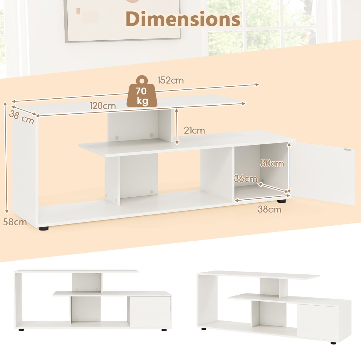 3-Tier Asymmetrical Media Console Table with Storage Shelves and Cabinet-White