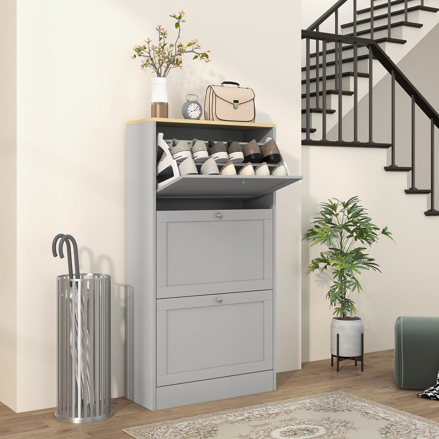 HOMCOM Modern Compact Three-Drawer Shoe Storage Cabinet - Grey