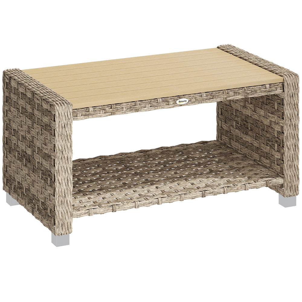 Outsunny Outdoor Coffee Table with Storage Shelf, PE Rattan Side Table with Slatted Top and Foot Pads, Light Brown
