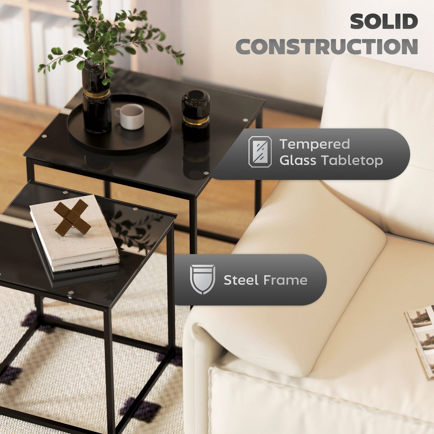 HOMCOM Nest of Tables, Set of 2 Coffee Table, Side Tables with Tempered Glass Desktop and Metal Frame for Living Room, Bedroom, Office, Black