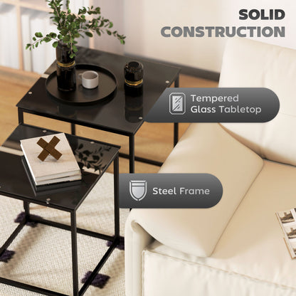 HOMCOM Nest of Tables, Set of 2 Coffee Table, Side Tables with Tempered Glass Desktop and Metal Frame for Living Room, Bedroom, Office, Black
