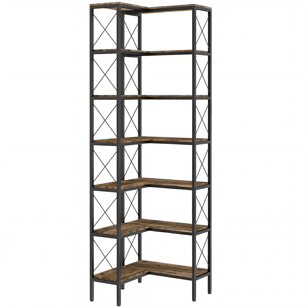 HOMCOM 6-Tier L-Shaped Bookshelf, Freestanding Corner Bookcase with Metal Frame, Rustic Brown