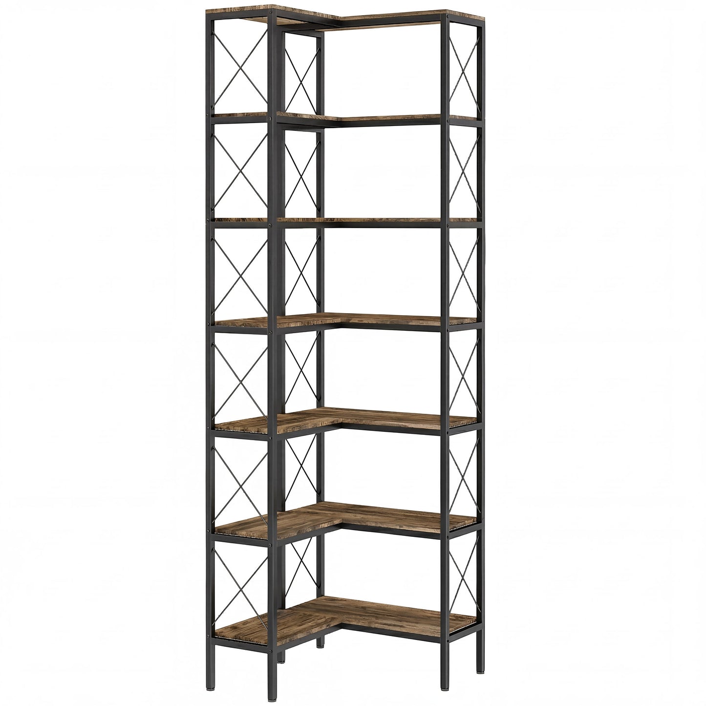 HOMCOM 6-Tier L-Shaped Bookshelf, Freestanding Corner Bookcase with Metal Frame, Rustic Brown