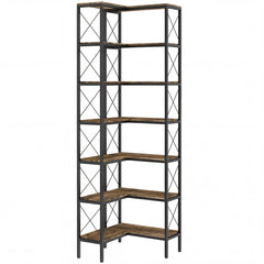 HOMCOM 6-Tier L-Shaped Bookshelf, Freestanding Corner Bookcase with Metal Frame, Rustic Brown