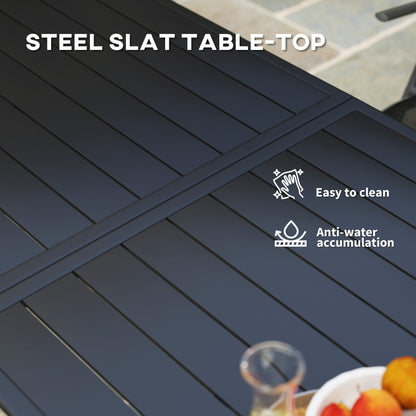 Outsunny Rectangle Garden Table with Slat Top, Steel Frame, Outdoor Table for 6 Person, 150 x 80 x 74 cm, Black