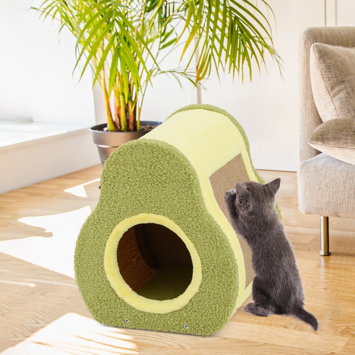 Avocado-shaped Cat Hous with Jute Scratching Board and Mountain-Shaped Top-Green