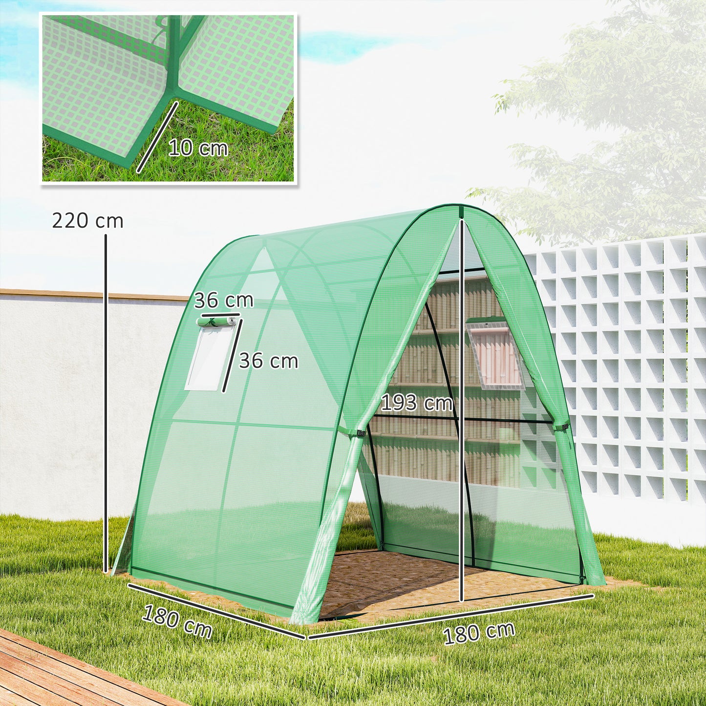 Outsunny Hoop House Greenhouse with Sandbags, Walk-In Tunnel Green House with 2 Doors and Screen Windows, 1.8 x 1.8 x 2m, Green