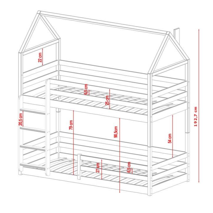Dimensions of a children's house-shaped bed with red measurement lines.