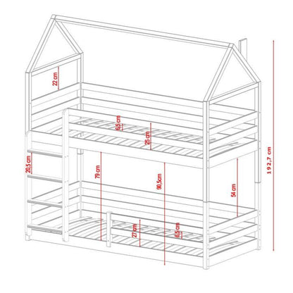 Dimensions of a children's house-shaped bed with red measurement lines.