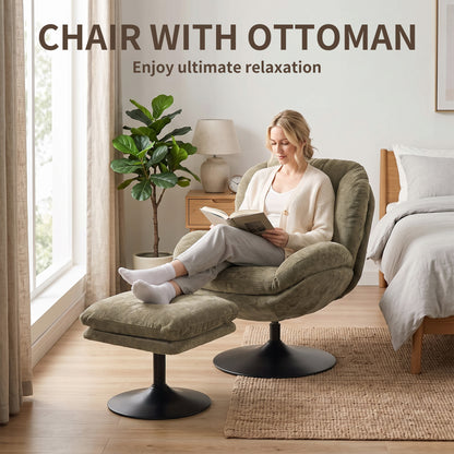 HOMCOM Modern Chenille Lazy Chair with Ottoman, 360° Swivel, Upholstered Reading Seat Set for Living Room, Dark Green