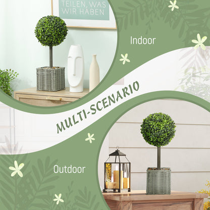 HOMCOM Set of 2 Decorative Artificial Plants, 50cm Faux Boxwood Topiary Balls with Woven Plastic Pot and Pebbles, Fake Plants for Home or Office Decor, Green