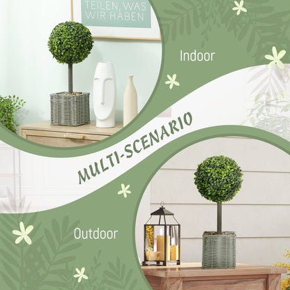 HOMCOM Set of 2 Decorative Artificial Plants, 50cm Faux Boxwood Topiary Balls with Woven Plastic Pot and Pebbles, Fake Plants for Home or Office Decor, Green