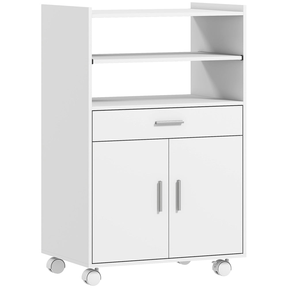 HOMCOM Kitchen Trolley with Wheels, Modern Mobile Microwave Stand with Slide-Out Shelf, Drawer and 2 Doors for Dining Room