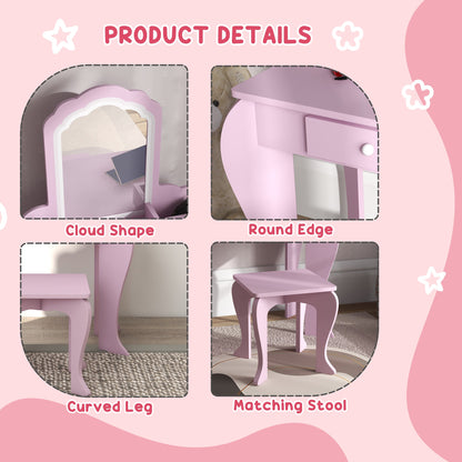 ZONEKIZ Kids Vanity Table with Mirror and Stool, Cloud Design, Drawer, Storage Boxes, for 3-6 Years Old - Pink
