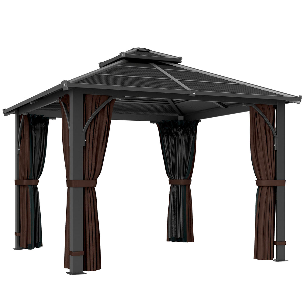 Outsunny 3 x 3(m) Hardtop Gazebo Canopy with 7mm Double Polycarbonate Roof, Garden Gazebo Permanent Pavilion with Mosquito Netting and Curtains for Patio, Deck, Brown