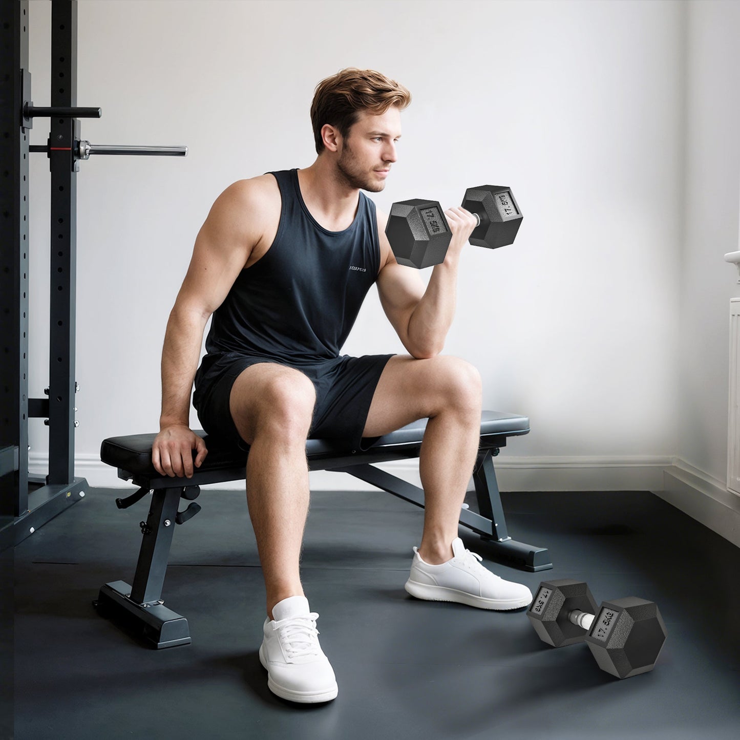 HOMCOM 2x17.5KG Rubber Hex Dumbbell Portable Hand Weights Dumbbell Home Gym
