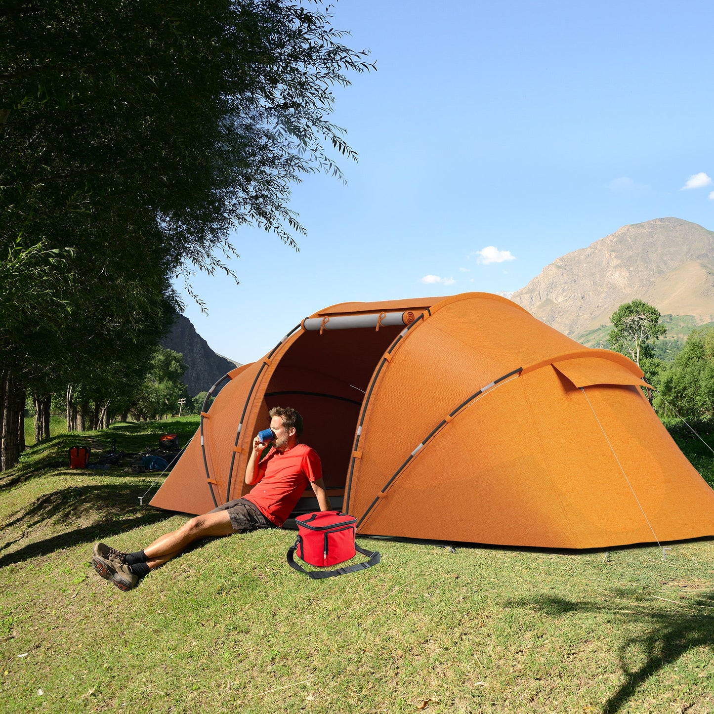 Outsunny 4-6 Man Camping Tent with Living Area and 2 Bedrooms, Hiking Sun Shelter, UV Protection Tunnel Tent, Orange