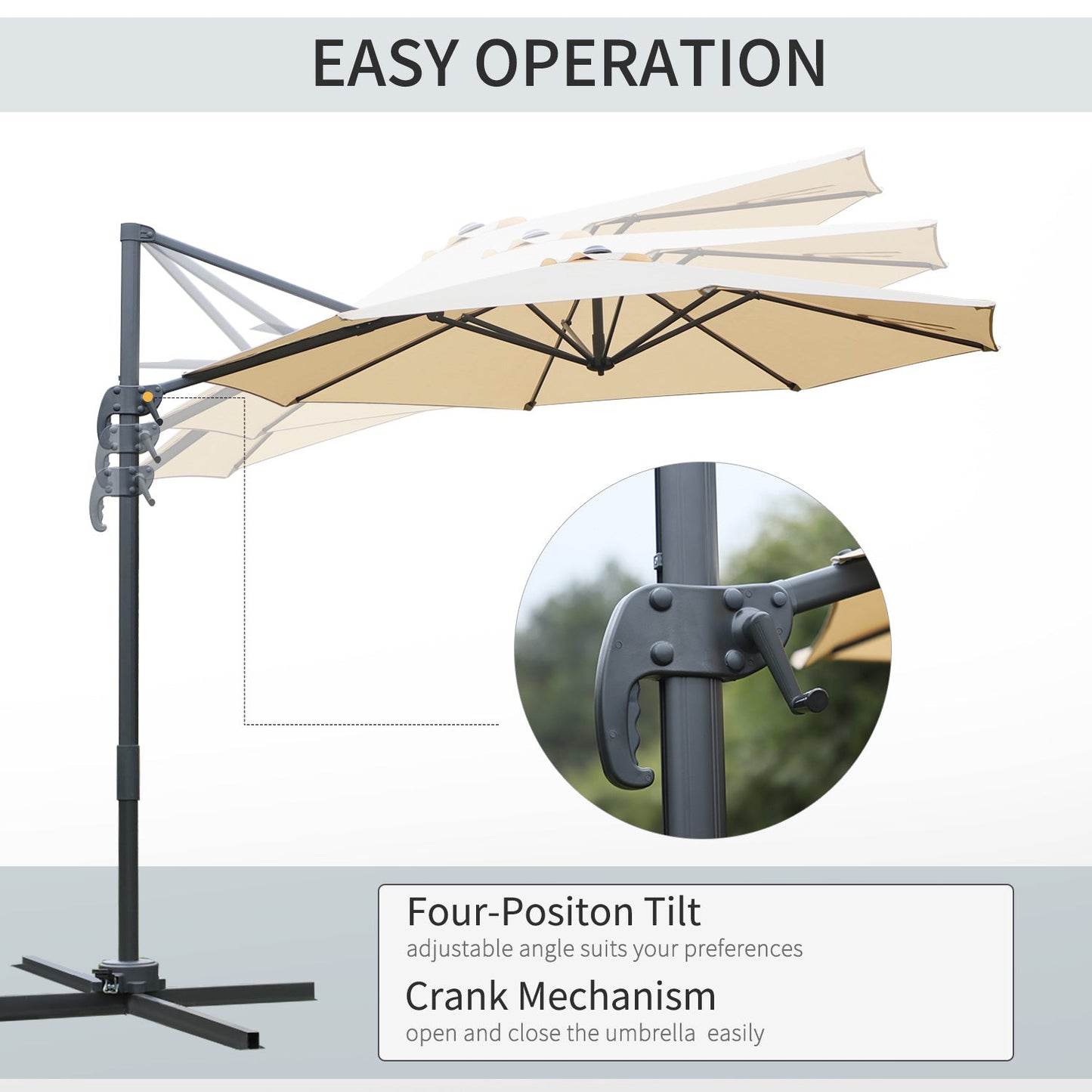 Outsunny Round Umbrella Parasol W/ Tilt 360 degrees Rotation and Hand Crank Cross Base-Beige