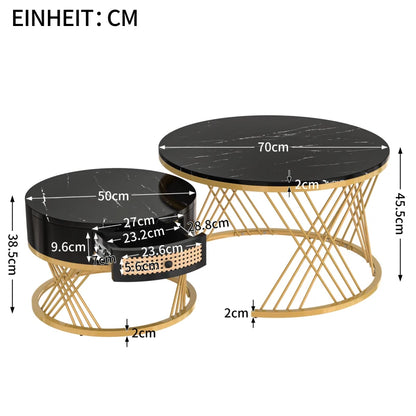 2-in-1 Marble Coffee Table Set with Marble Grain Veneer Top, Rattan Drawers, and Solid Wood Handles, Gold Iron Legs, 70x70x45.5 cm + 50x50x38.5 cm, Black+Gold