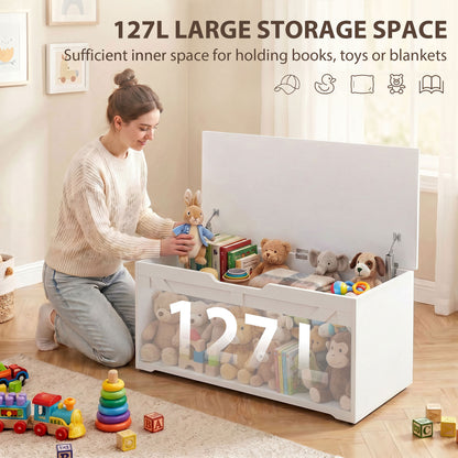 HOMCOM 127L Home Storage Box, with Safety Hinges - White Wood-Effect