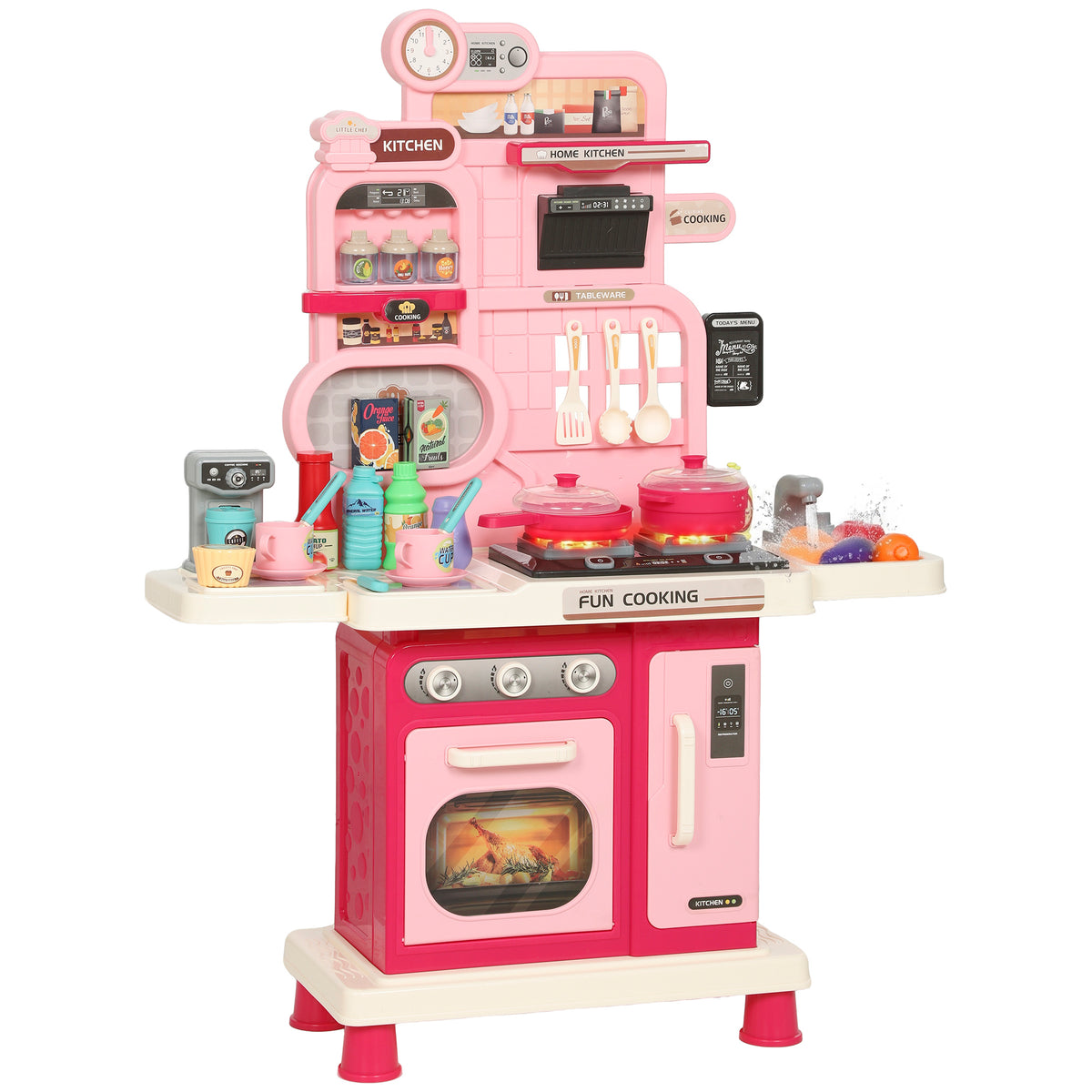 AIYAPLAY Play Kitchen, 33 PCS Kids Kitchen Playset with Lights, Sounds, Storage, Circulating Water Sink for 3-6 Years, Pink