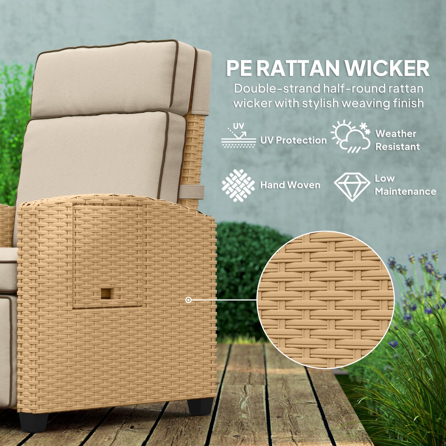 Outsunny 145 Reclining Rattan Armchair, with Footrest - Khaki/Beige