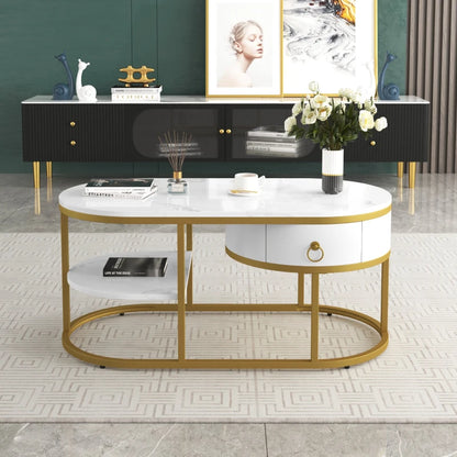 Oval Coffee Table with Marble Look, Golden Iron Frame, Drawers, and Shelves, 100x50x45 cm, White