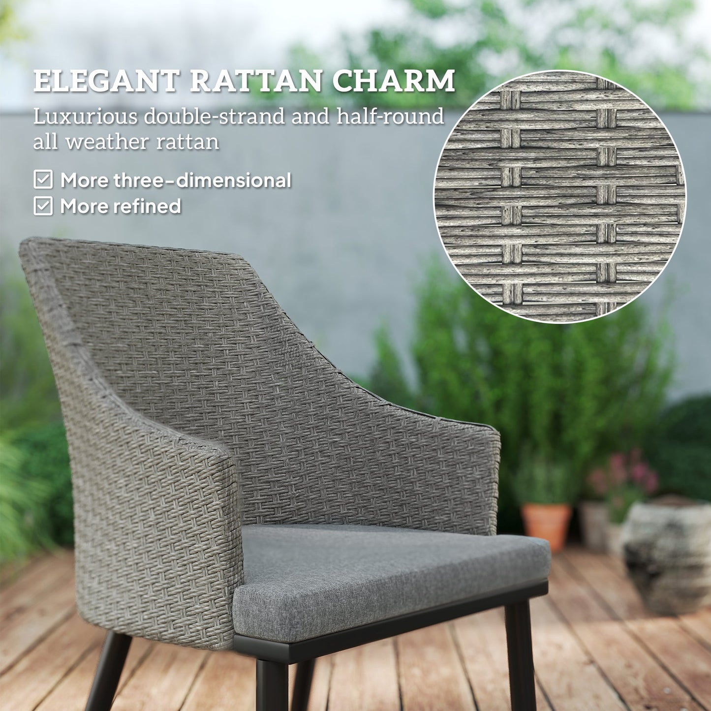 Outsunny 6 Seater Rattan Dining Set with Cushions, Garden Furniture Set with Armchairs, Rectangle Slatted Table Top, Steel Frame, Parasol Hole, Wicker Outdoor Furniture for Patio, Balcony, Grey