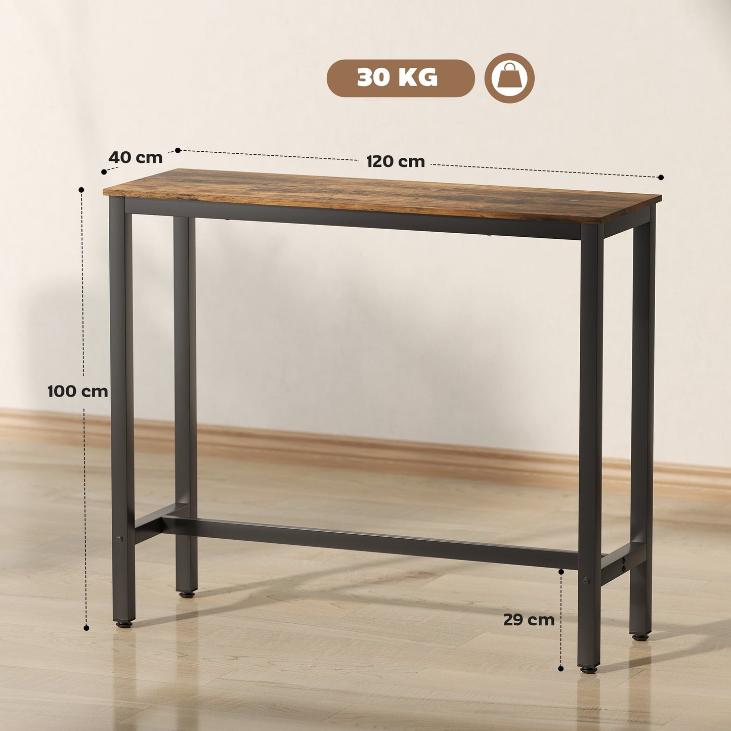 HOMCOM Rectangular Bar Table, Wood Effect Pub Coffee Table for Small Space, Breakfast Dining, Kitchen, Industrial, Rustic Brown