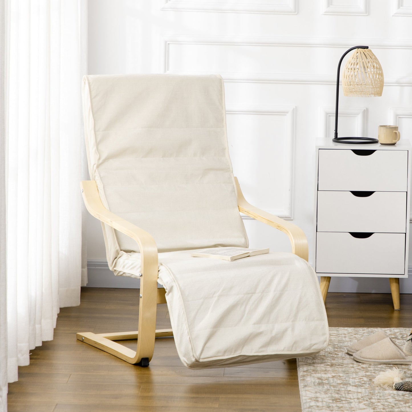 HOMCOM Wooden Armchair, Upholstered Linen Lounge Chair with Adjustable Footrest & Removable Cushion, Poang Chair for Living Room, Cream White