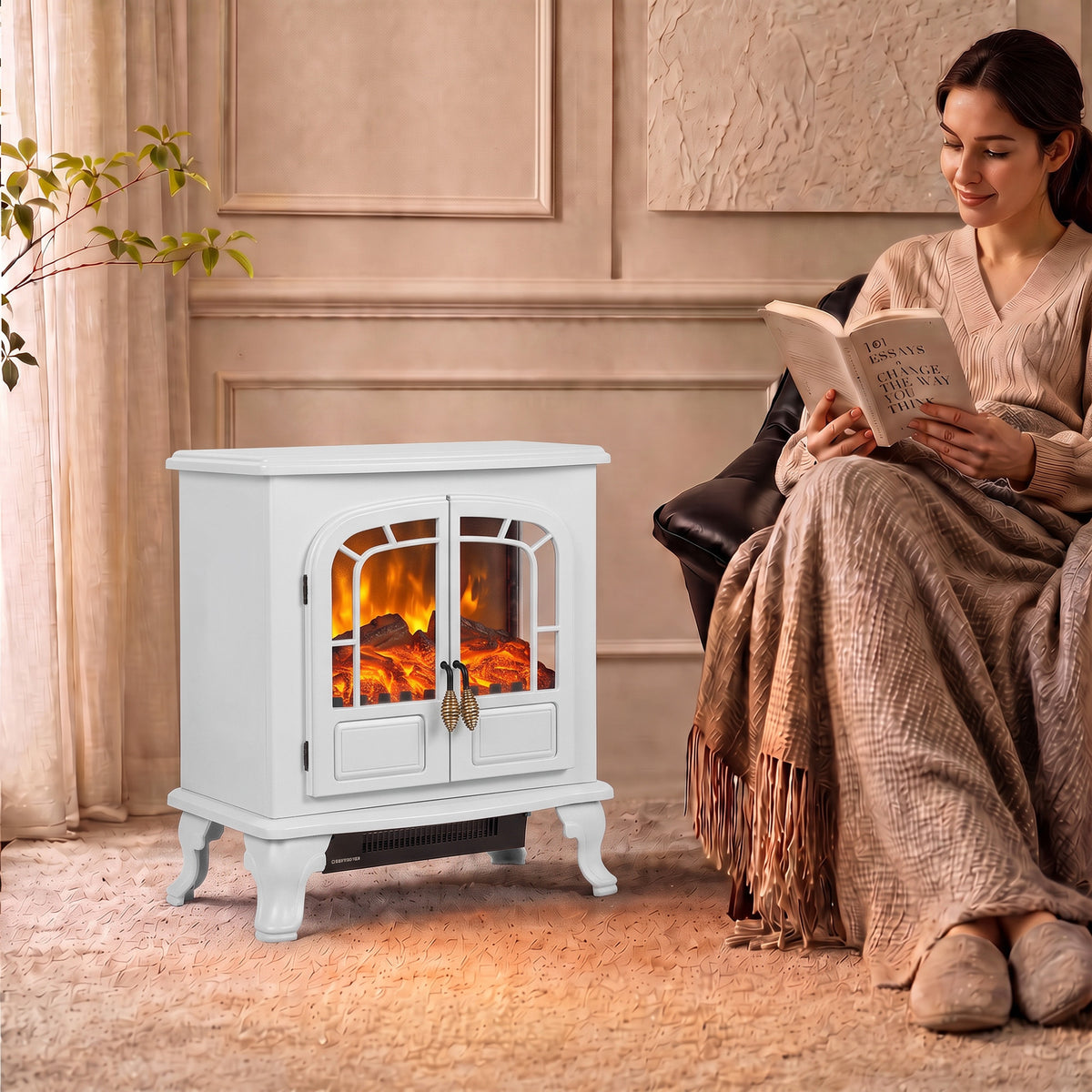 HOMCOM Freestanding Electric Fireplace Stove Heater with LED Fire Flame Effect White