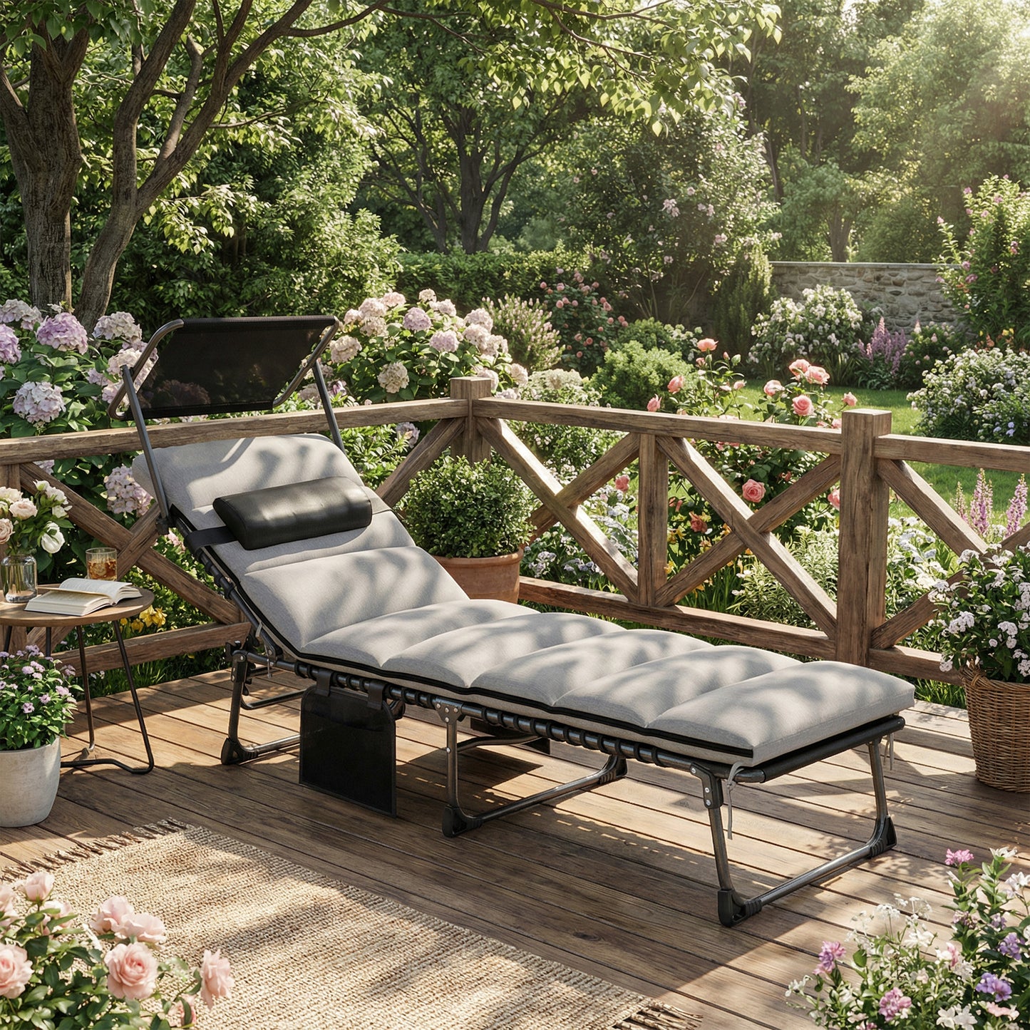 Outsunny Folding Sun Lounger with Canopy, Reclining Sunbed with Cushion, Side Pocket, Carrying Handle, Light Grey