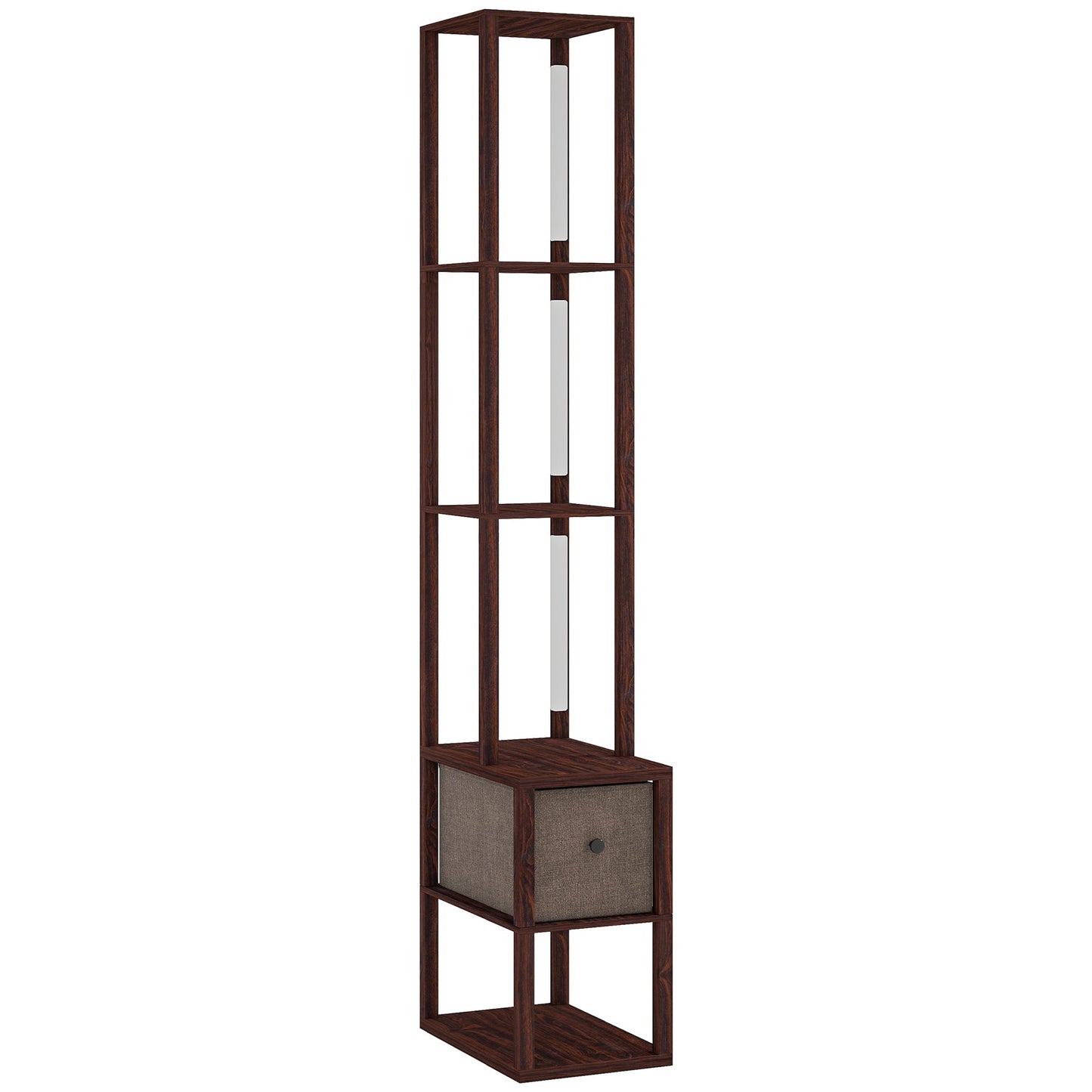 HOMCOM Floor Lamp with Shelves, LED Column Modern Standing Lamp with Fabric Drawer, Adjustable Brightness, Foot Switch for Living Room, Bedroom, Office, Dark Brown