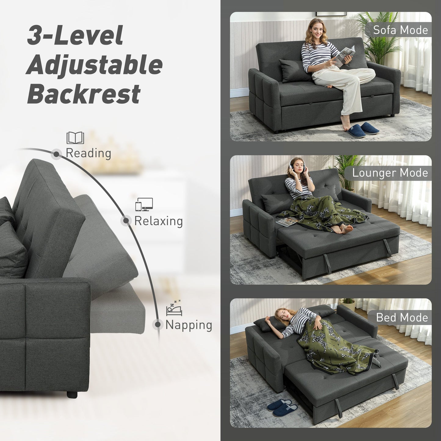 HOMCOM Three-Way Two-Seater Sofa Bed - Charcoal Grey