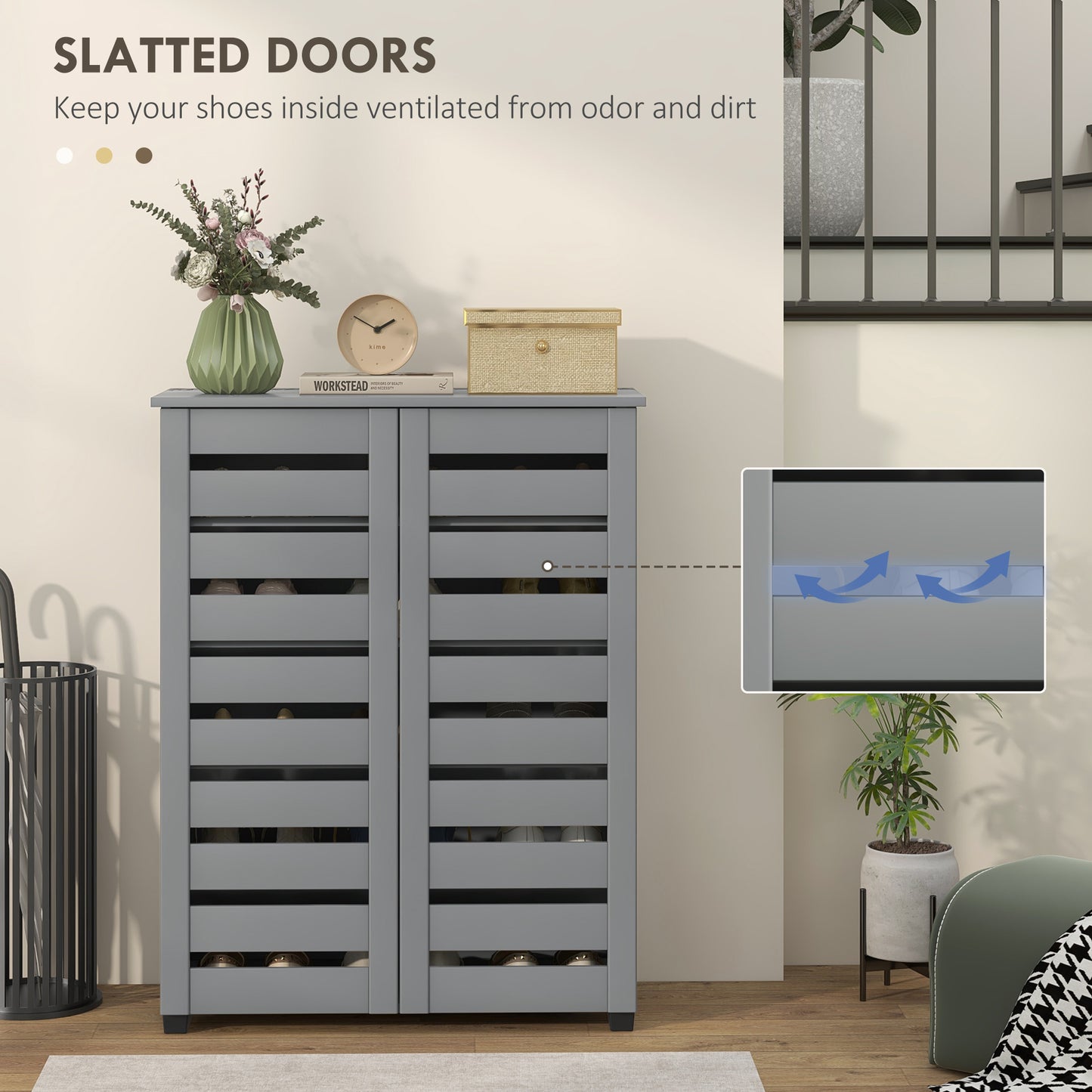 HOMCOM Narrow Shoe Cabinet for Entryway, 5-Tier Slim Shoe Storage Cabinet with 2 Slatted Doors and Adjustable Shelves Grey
