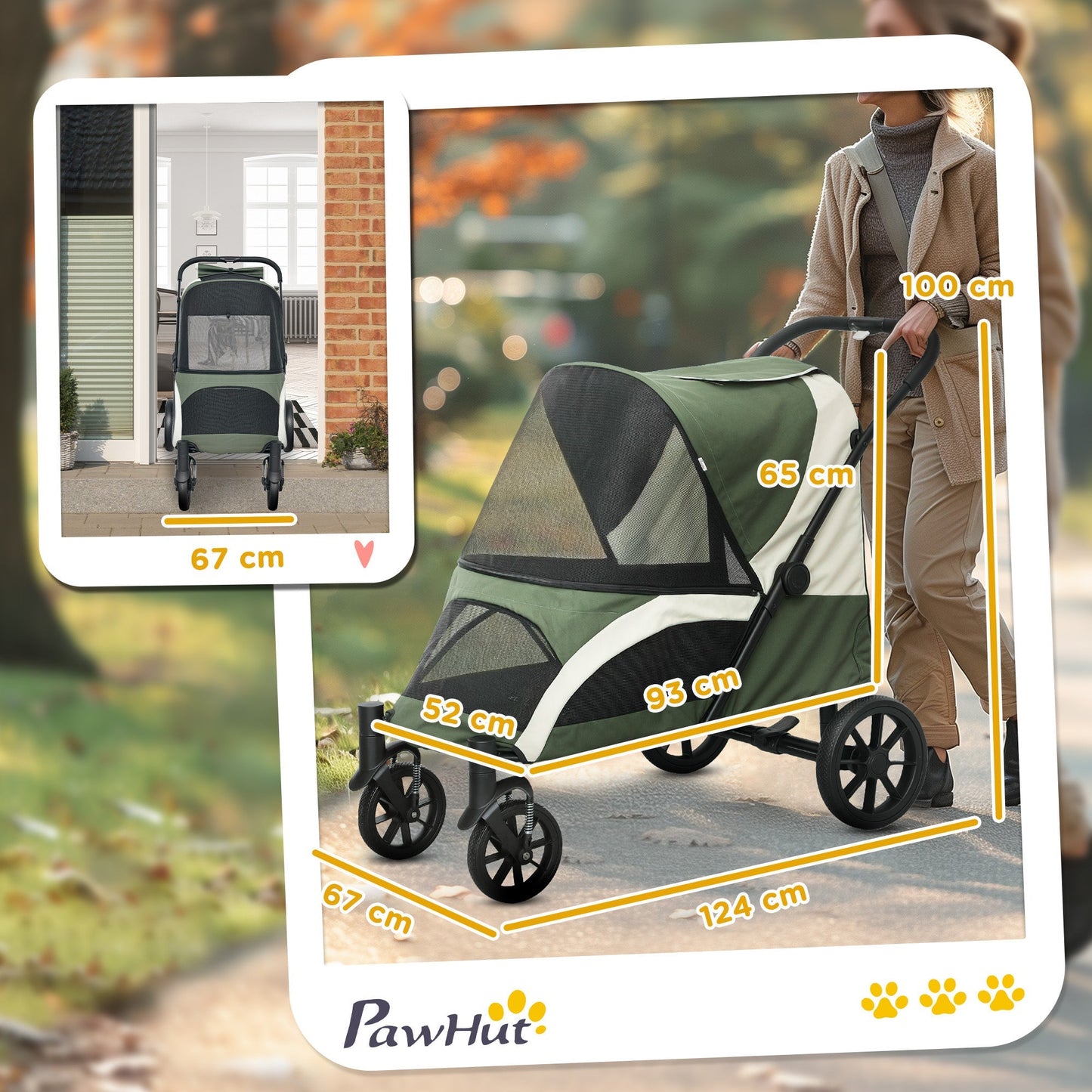 PawHut Foldable Pet Stroller for Large Dogs with Four Big Wheels, Shock-Absorbing Frame, Safety Leashes, Brakes, Dark Green