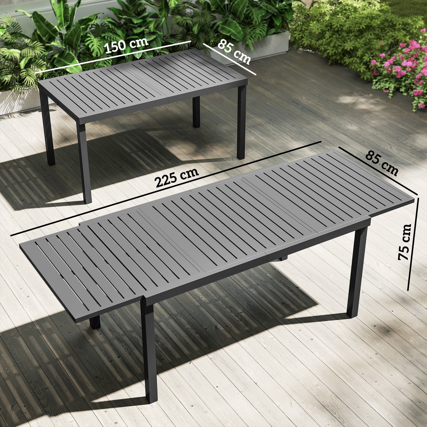 Outsunny Extending Garden Table for 6-8 People, Full Aluminium Outdoor Dining Table with Slatted Top, Dark Grey