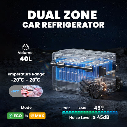 Outsunny 40L Compressor Car Fridge Freezer, Dual Zone Camping Refrigerator with App Control, Telescopic Handle, -20Â°C-20Â°C