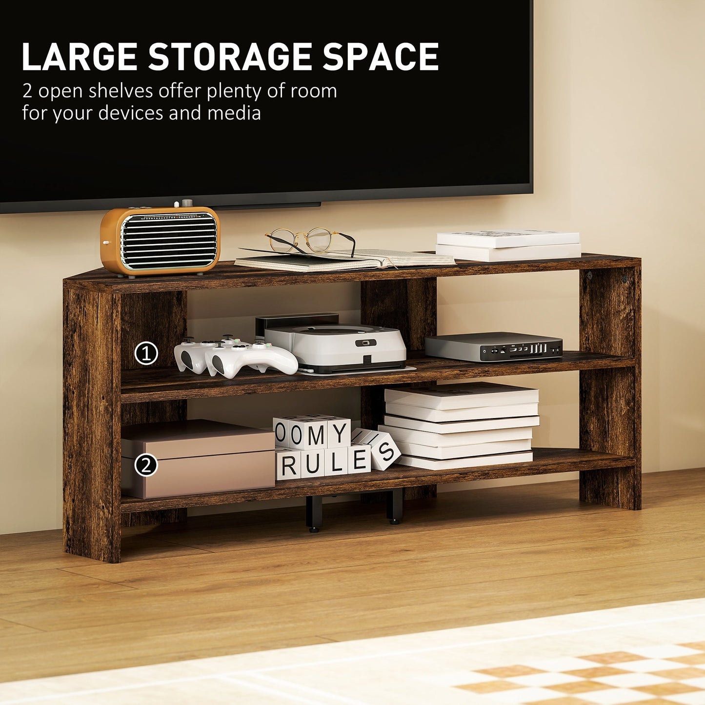 HOMCOM Corner TV Stand with 2 Open Shelves for 47 Inch TV - Rustic Brown