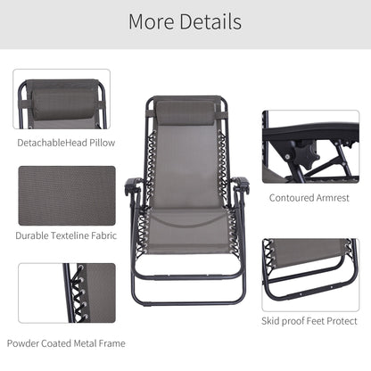 Outsunny Zero Gravity Chair Set of 2, Metal Frame Texteline Armchair Outdoor Folding and Reclining Sun Lounger with Head Pillow for Patio Decking Gardens Camping, Grey