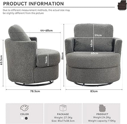 Chenille Swivel Recliner with Back Cushion, Thick Foam Pad, 360° Rotation, 78.5x83x86 cm, Light Grey